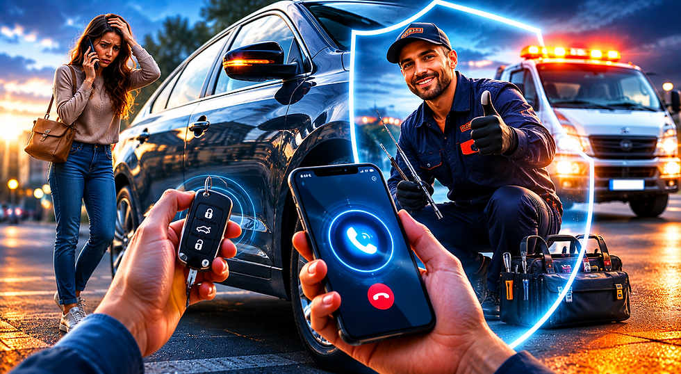 Woman on phone beside a dark SUV; hands hold a key fob and call screen, while a smiling mechanic thumbs-up near a tow truck.