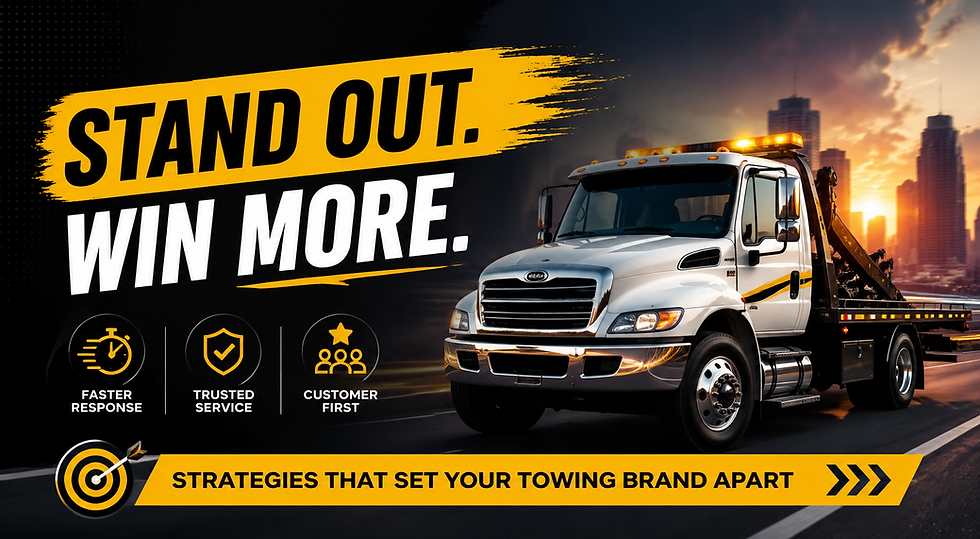 Tow truck at sunset with city skyline and bold ad text STAND OUT. WIN MORE., plus icons and towing brand banner.