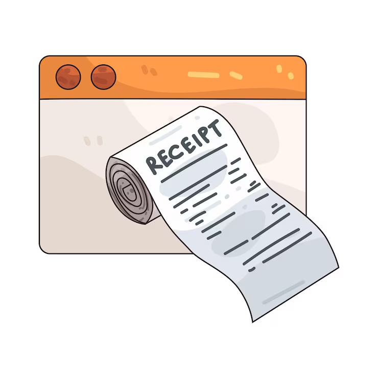 Illustration of a receipt emerging from an orange browser window. The word "RECEIPT" is visible. The background is white and simple.