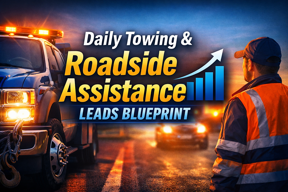 Tow truck with lights on at dusk, worker in orange vest nearby. Text: Daily Towing & Roadside Assistance Leads Blueprint.