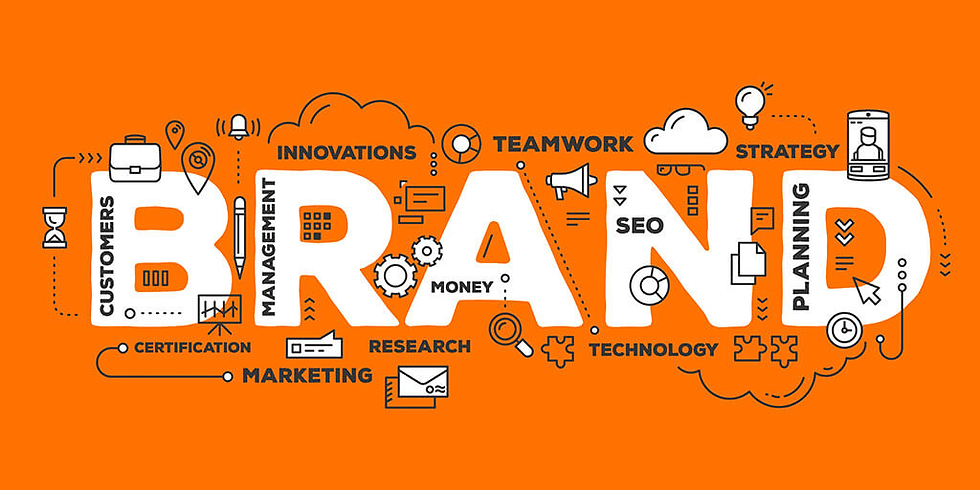 The word "BRAND" in white, surrounded by icons and words like "STRATEGY," "TEAMWORK," on an orange background, showing business concepts.