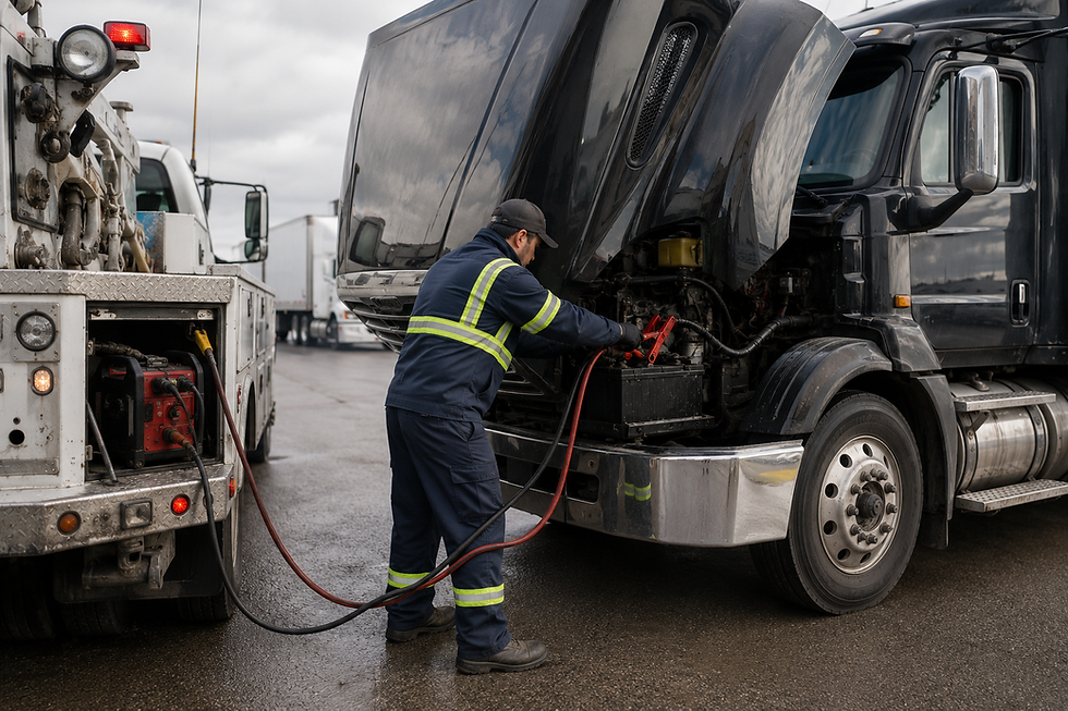 Worker in reflective overalls jump-starting a large black truck using cables from a white tow truck. Overcast sky, industrial setting.