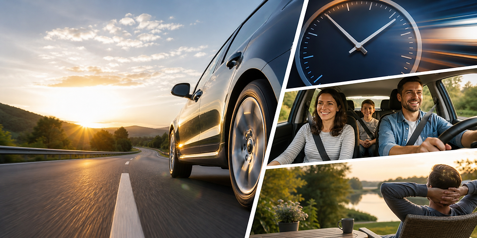 Car driving at sunrise on open road, family smiling inside, clock depicting speed, man relaxing by a river with coffee; conveys joy.