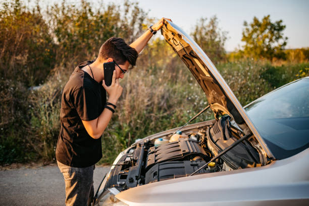 Man with phone examines car engine on roadside with open hood, looking concerned. Background of trees and bushes in sunlight.