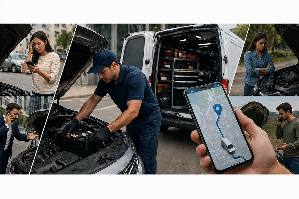 A mechanic fixes a car battery next to a van with tools. Three people wait nearby, checking their phones in concern. A map app is on a screen.