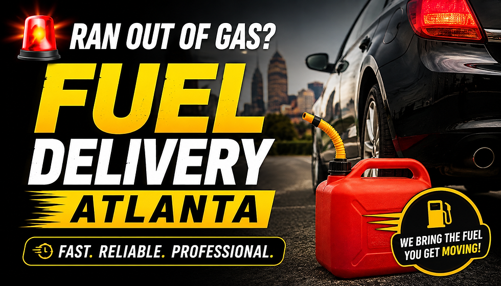 Roadside fuel delivery ad with red gas can and black car, city skyline, headline Ran Out of Gas? Fuel Delivery Atlanta.