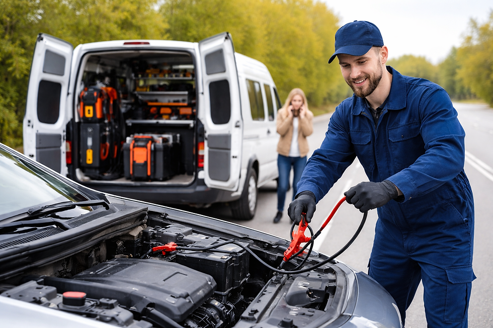 Mechanic in blue jumpsuit jump-starts a car on roadside. Woman in background appears concerned. Open van with tools is parked nearby.