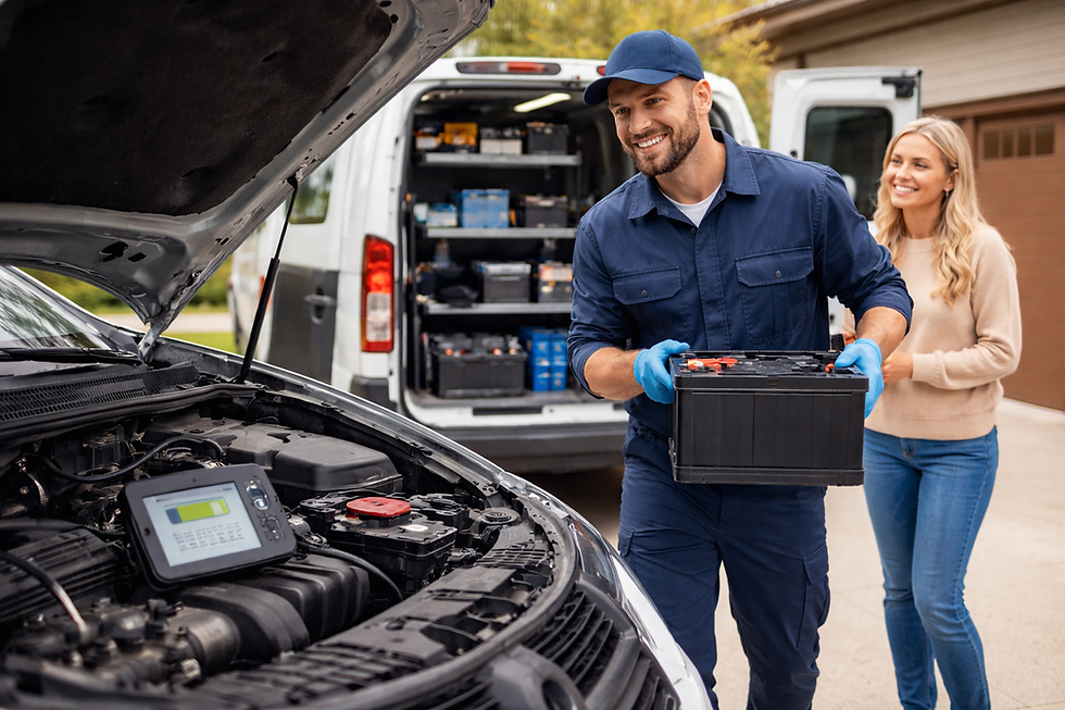 Mechanic in blue uniform holds a car battery near an open hood. Smiling woman watches. Van with tools in the background.