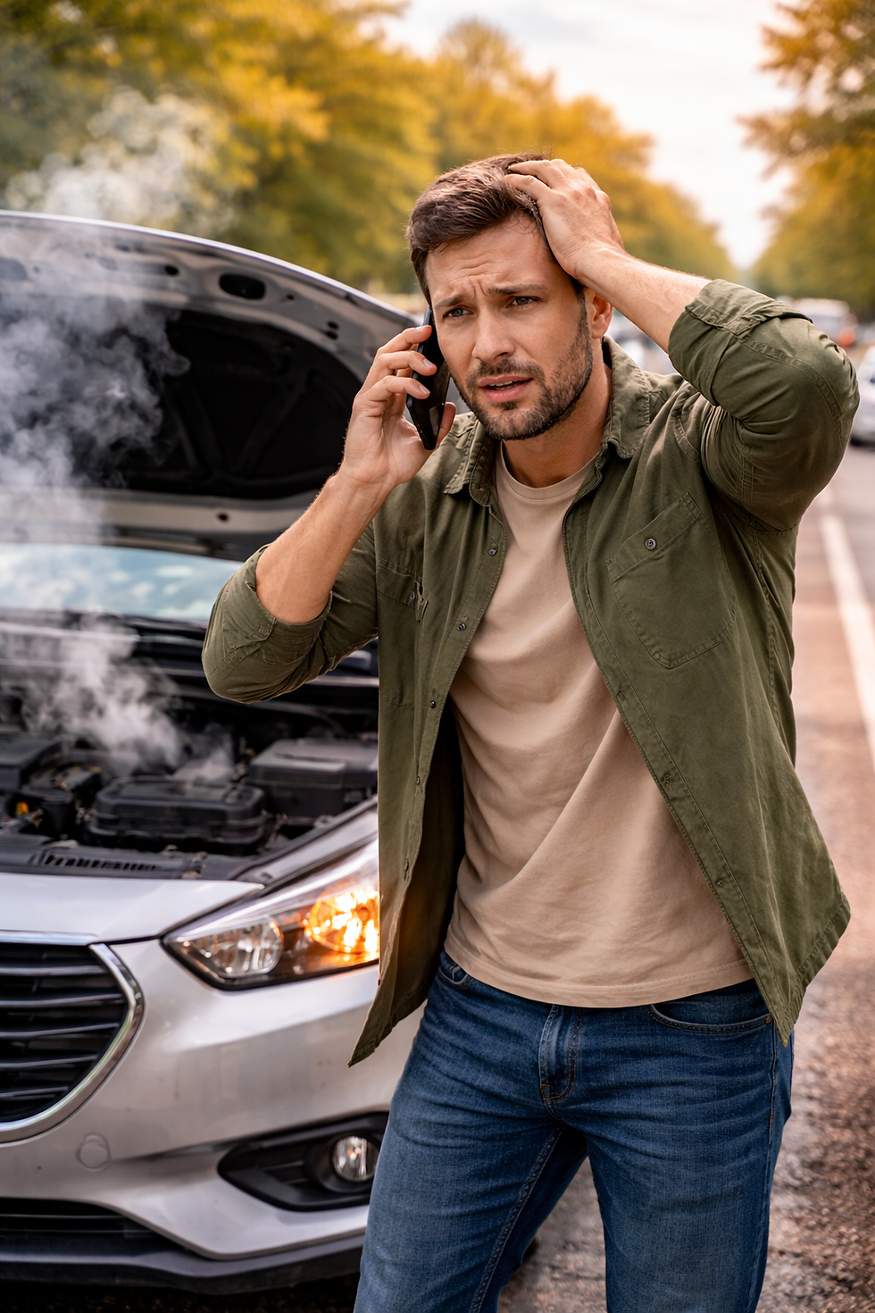 man worried waiting for roadside assistance