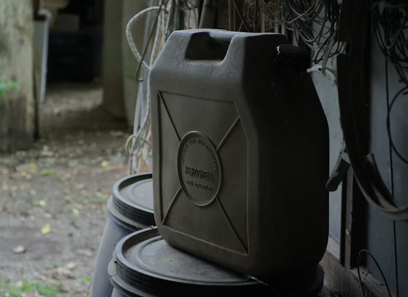 Black KEROSHELL jerry can sits on plastic barrels in a dim alley, with tangled wires and a cluttered, gritty background.