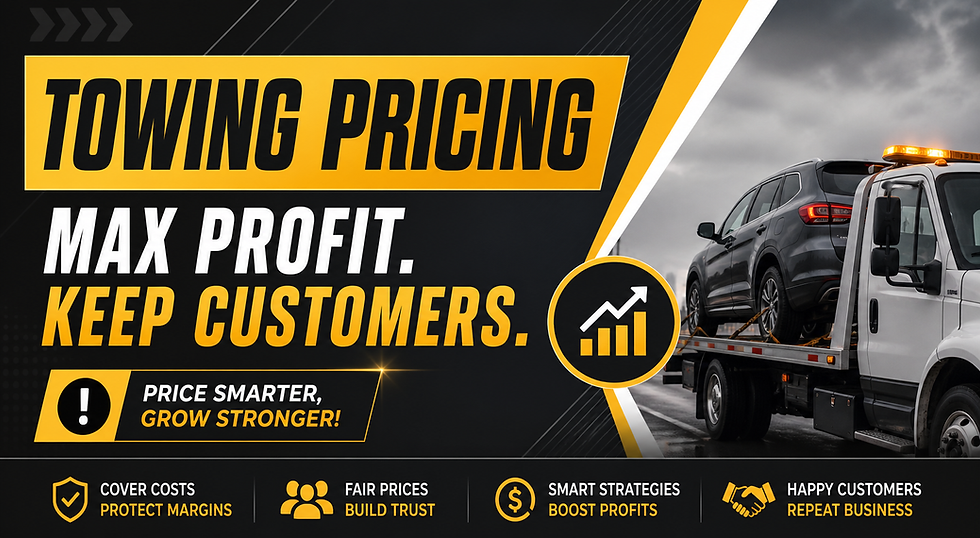 Towing pricing ad in bold yellow text with a car on a tow truck. Icons emphasize profits, customer retention, and smart strategies.