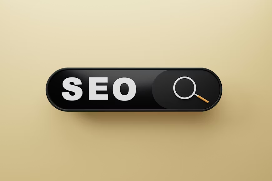 Black search bar with "SEO" text and magnifying glass icon on beige background, implying search engine optimization concept.