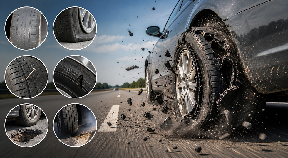 Car tire blowout on highway, debris flying. Insets: worn tread, flat tire, nail, sidewall tear. Clear sky, road visible.