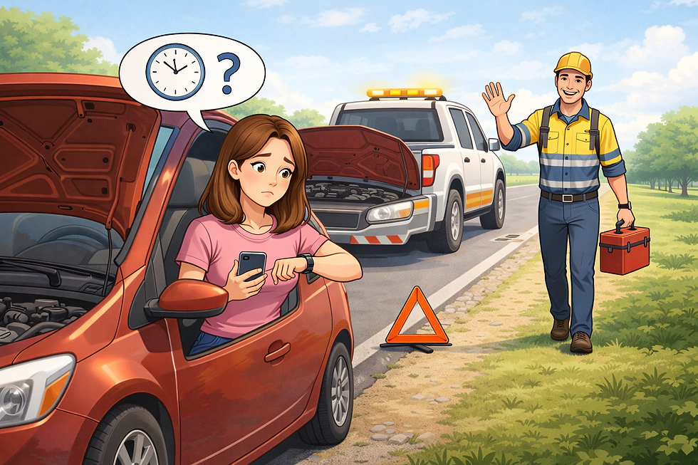 Woman looks worried with phone in red car, hood open. Clock speech bubble. Mechanic in yellow waves, toolbox in hand. Roadside setting.