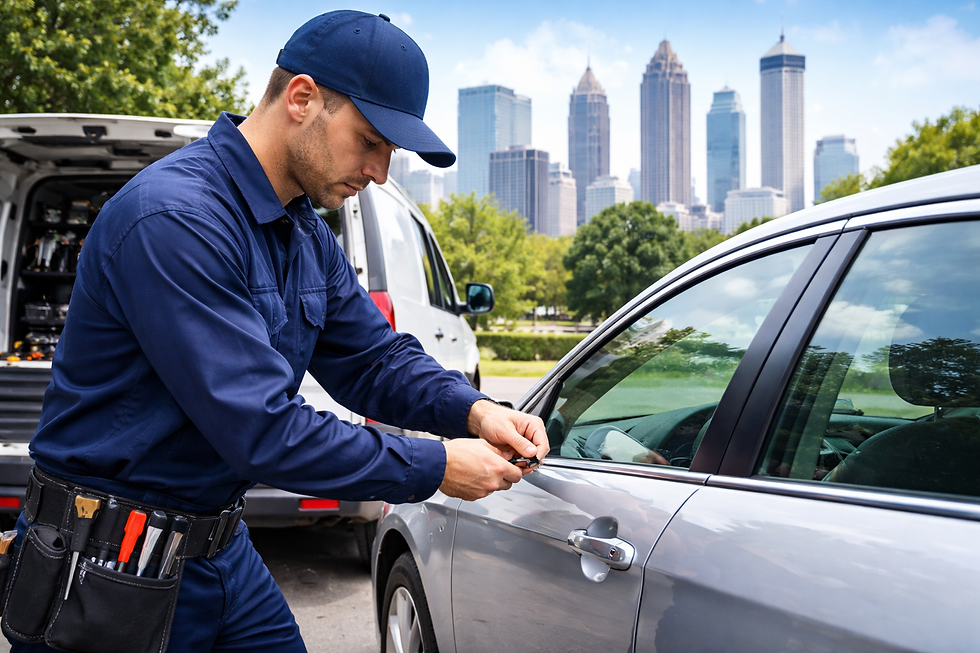 A locksmith in a navy uniform unlocks a silver car by the roadside, with a van and city skyline in the background on a clear day.