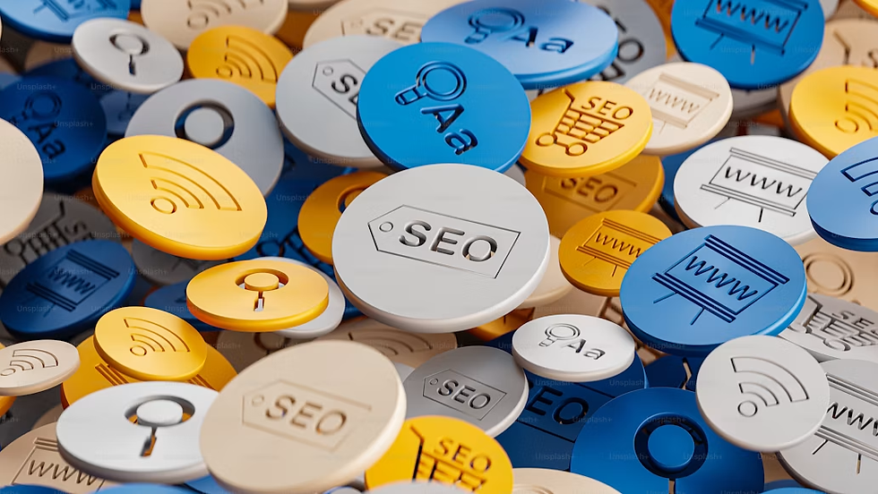 Colorful SEO and WWW tokens with magnifier and Wi‑Fi icons piled together on a warm background, suggesting digital marketing.