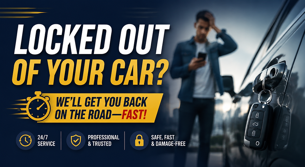 Car lockout ad with blurred man by car, key fob close-up, and text: LOCKED OUT OF YOUR CAR? WE’LL GET YOU BACK ON THE ROAD—FAST!