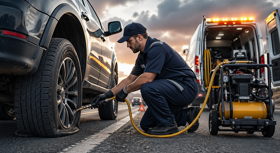 Mechanic inflating a flat tire with a compressor on a roadside at sunset. A van with hazard lights and cloudy sky in the background.