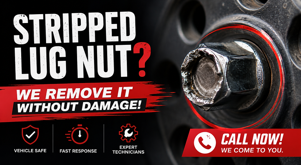 Ad for stripped lug nut removal: close-up of damaged wheel nut with text Stripped Lug Nut? We remove it without damage!