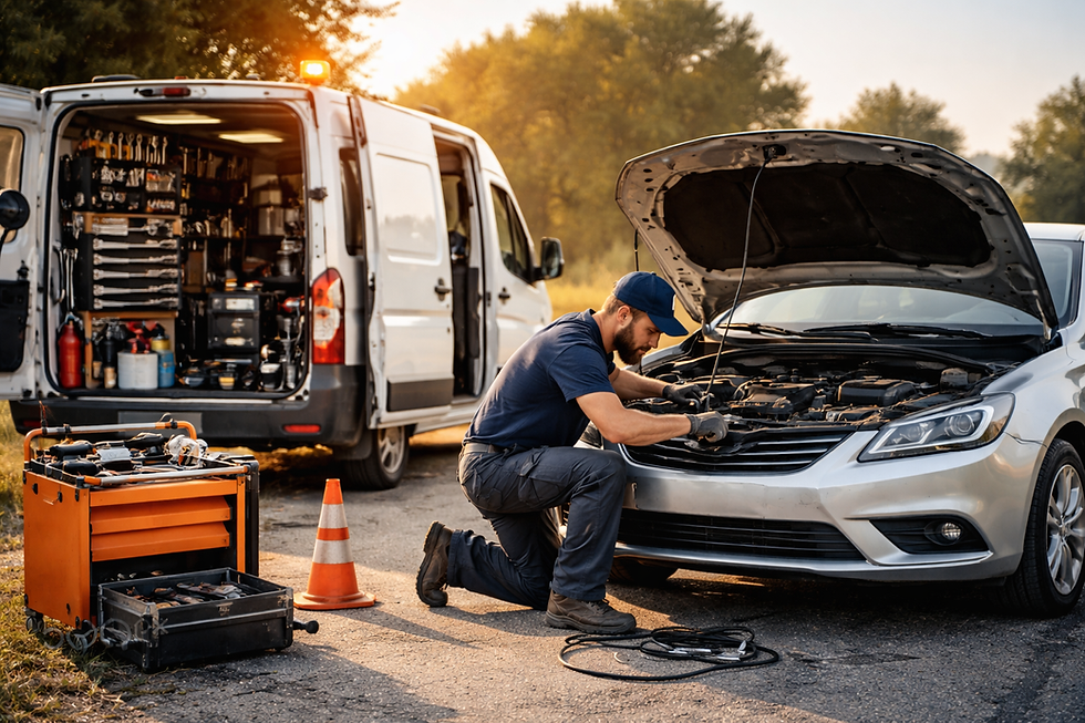 Mechanic in blue cap works on a silver car's engine outdoors, beside a tool-filled van and orange toolbox. Trees and morning light in back.