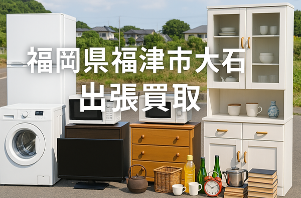福岡市城南区で出張買取に対応する専門業者の広告画像。大学やマンション、戸建て住宅が並ぶ地域背景に、冷蔵庫・電子レンジ・アンティーク家具・段ボールなどの不用品が写されており、家電・家具・骨董品・日用品の高価買取が可能であることを訴求。城南区内全域対応。出張費無料・即日現金買取にも対応し、地域密着・安心査定をアピールするビジュアル。