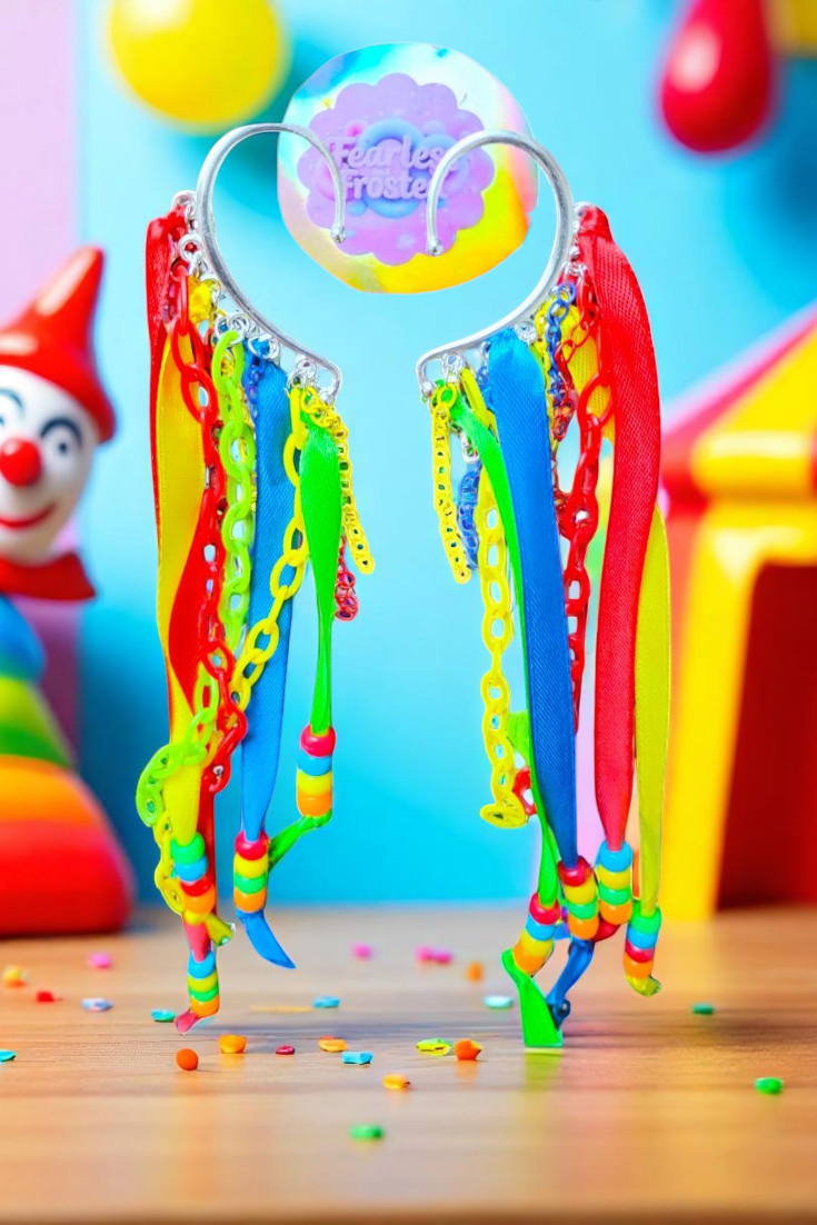 they have long colorful ribbons and Kandi beads with acrylic matching colorful chains dangling