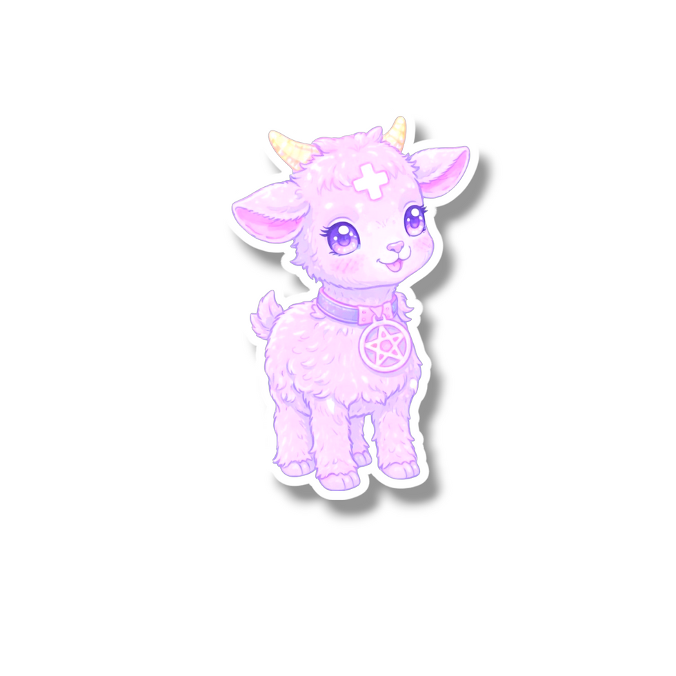 Thumbnail: showing the pastel kawaii cute creepy goat with pastel purple sweet light colors sticker
