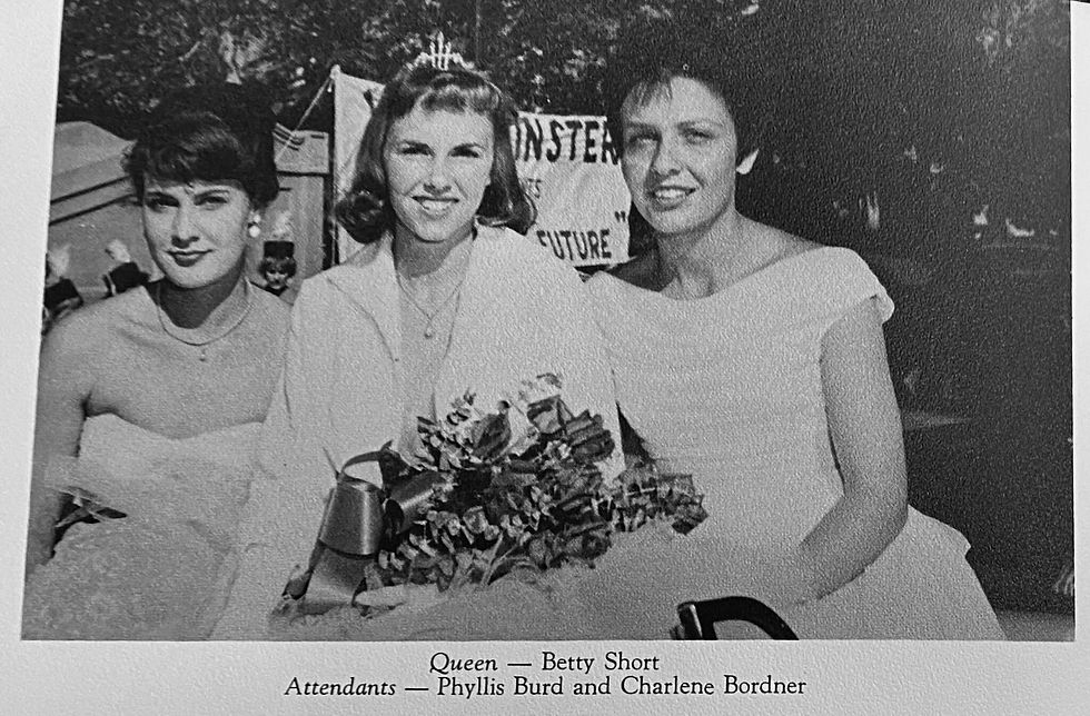 Westminster homecoming 1960s queen and attendants smile for a photo in a parade, after a week long of activites. Photo courtesy of Westminster’s 1960 yearbook.