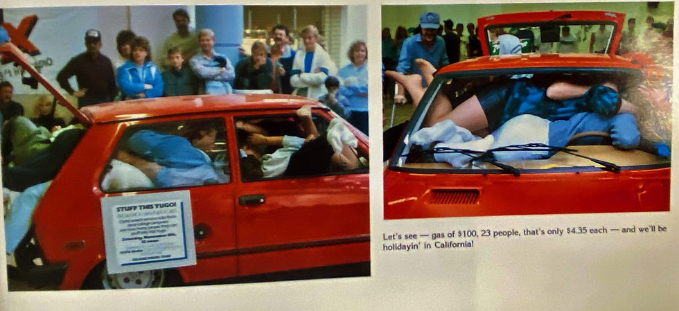 Westminster students in the ’80s stuff themselves in a car for a competition. Themed dances are only the tip of the iceberg of all the different activities there were. Photo courtesy of Westminster’s 1986 yearbook.