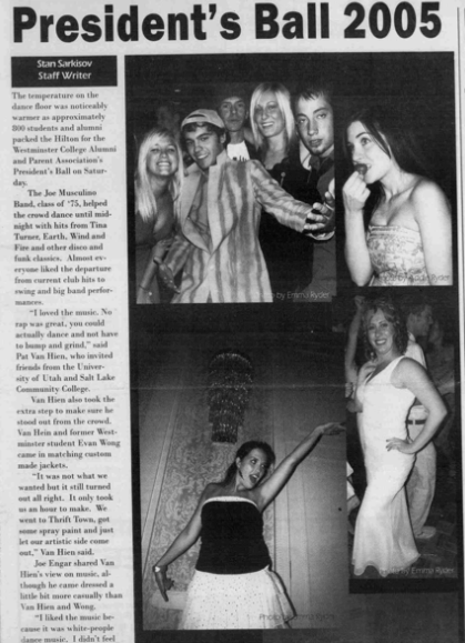 Multiple photos of students at a party span across a newspage in 2005. Drinks were free or around five dollars at parties for students over 21.