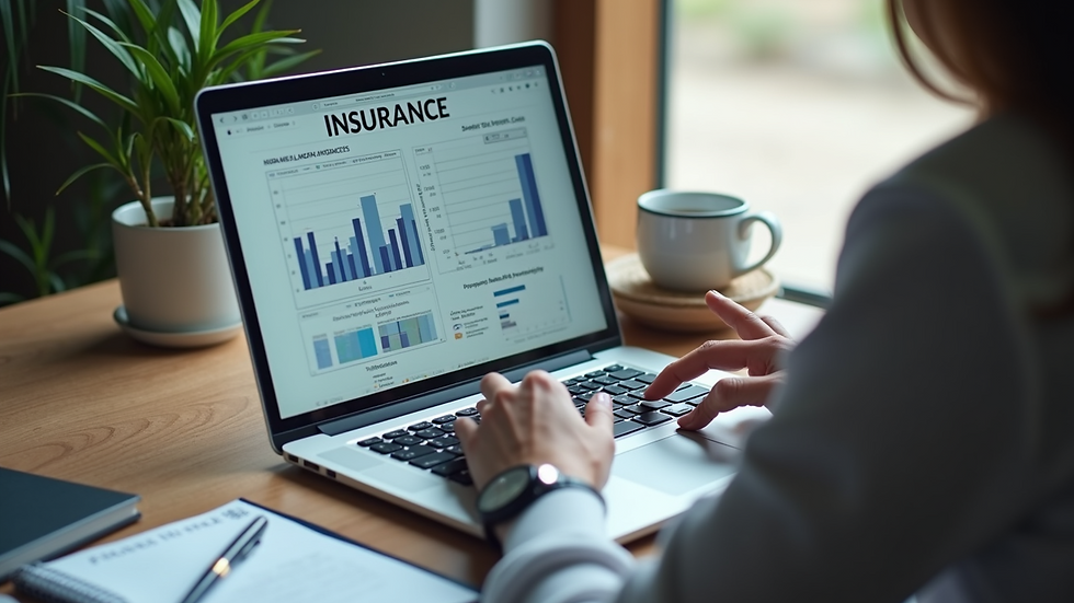 High angle view of a person working on a laptop with insurance charts