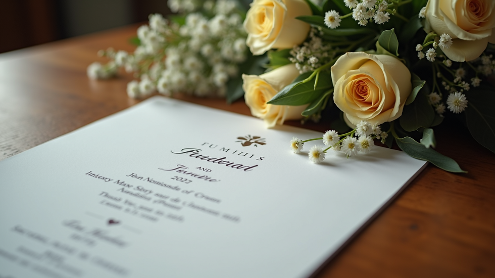 Close-up view of a funeral program and flowers on a wooden table