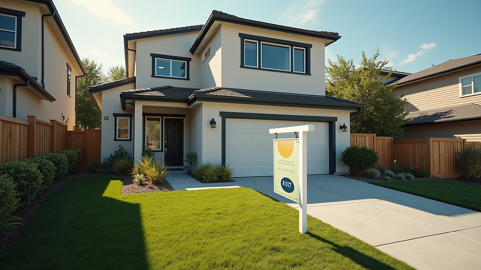 High angle view of a modern house with a for sale sign