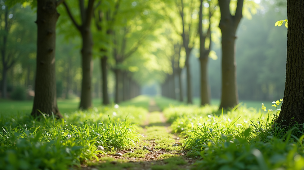 Wide angle view of a serene outdoor setting with bright greenery