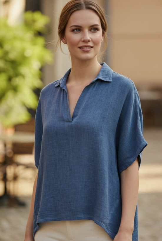 Thumbnail: Shyloh - Loose Top with Shirt Collar, Short Sleeves, and Hem 15838