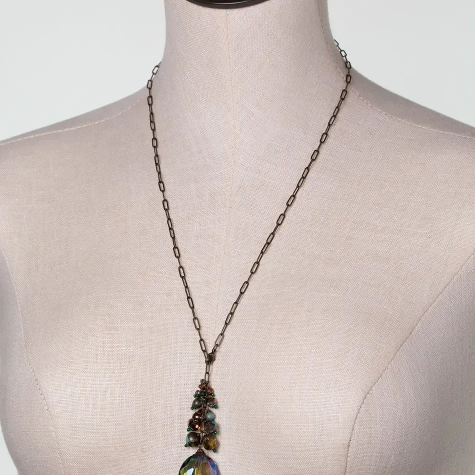 Crisp Autumn Necklace 24" Czech Glass, Freshwater Pearl with Crystal Cluster N