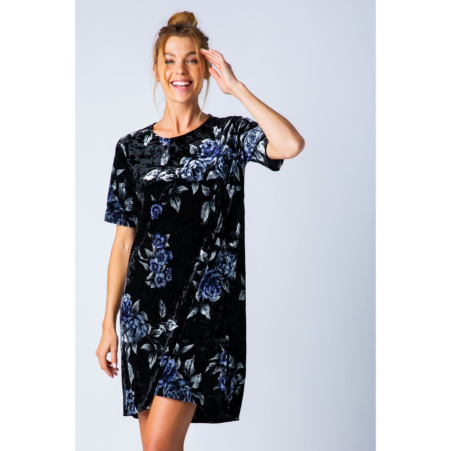 Velvet Floral Print Shirt Dress