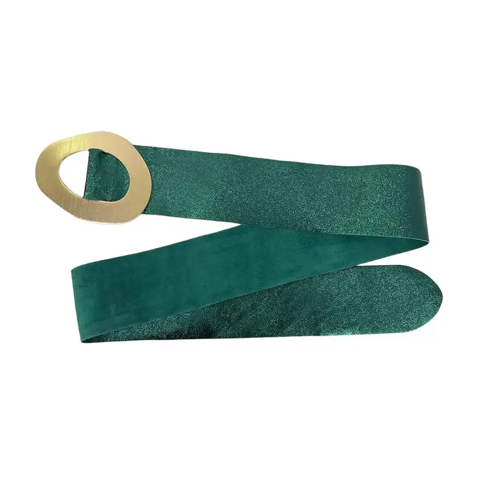 Thumbnail: Cow Suede Leather Metallic Belt with Wide Buckle