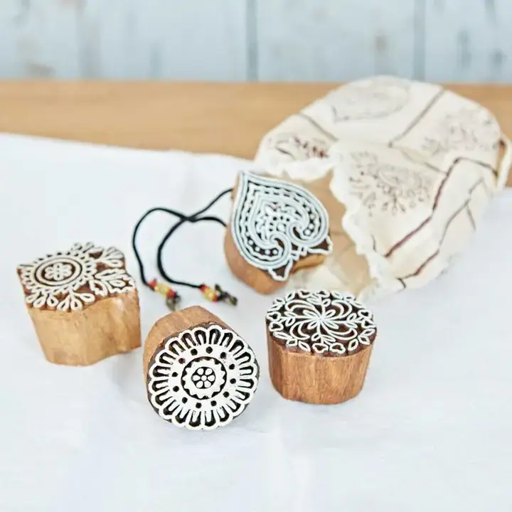 Four Assorted Carved Wooden Blocks - Handmade