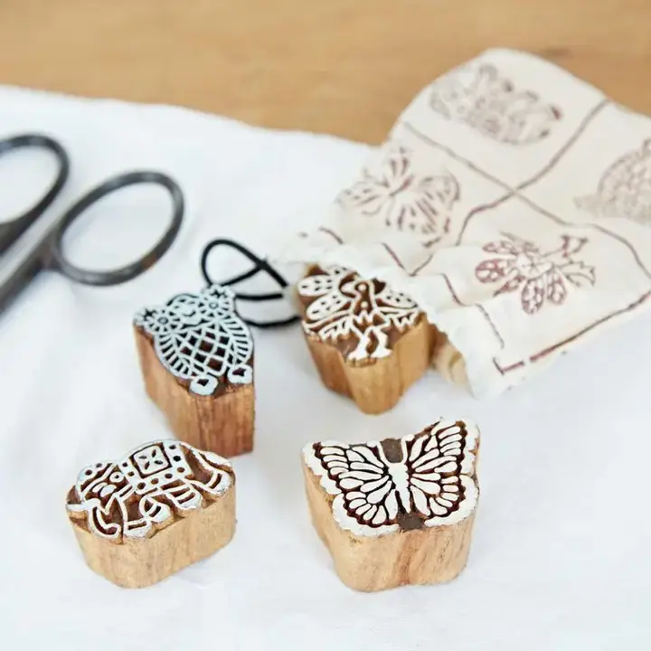 Four Animal Design Carved Wooden Blocks - Handmade