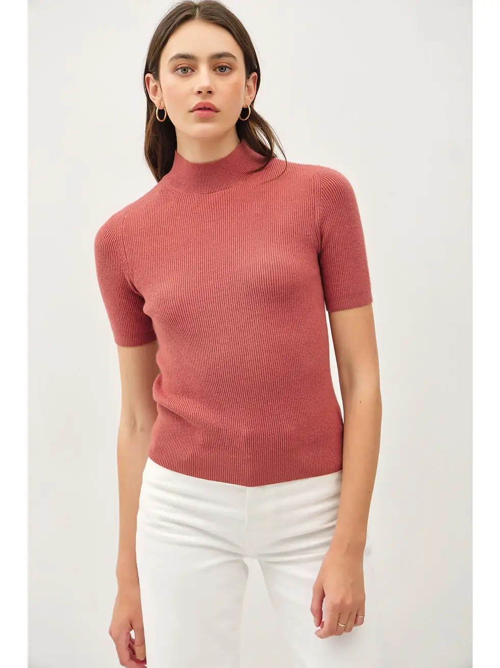 Mock Neck Short Sleeve Ribbed Knit Sweater 64213