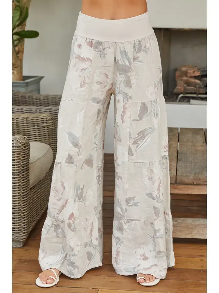 Linen Floral Tiered Palazzo Pant