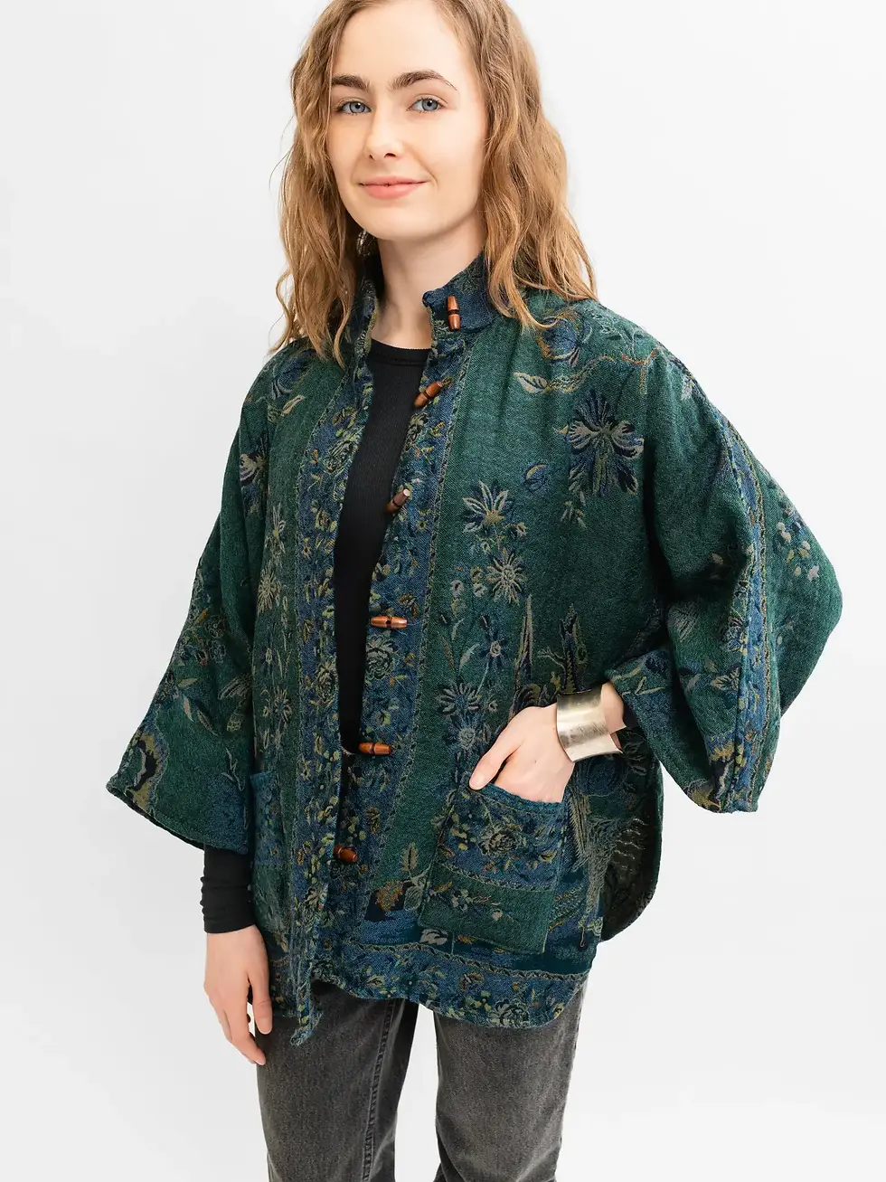 Handmade Reversible Merino Wool Kimono Jacket in Teal Green Bird