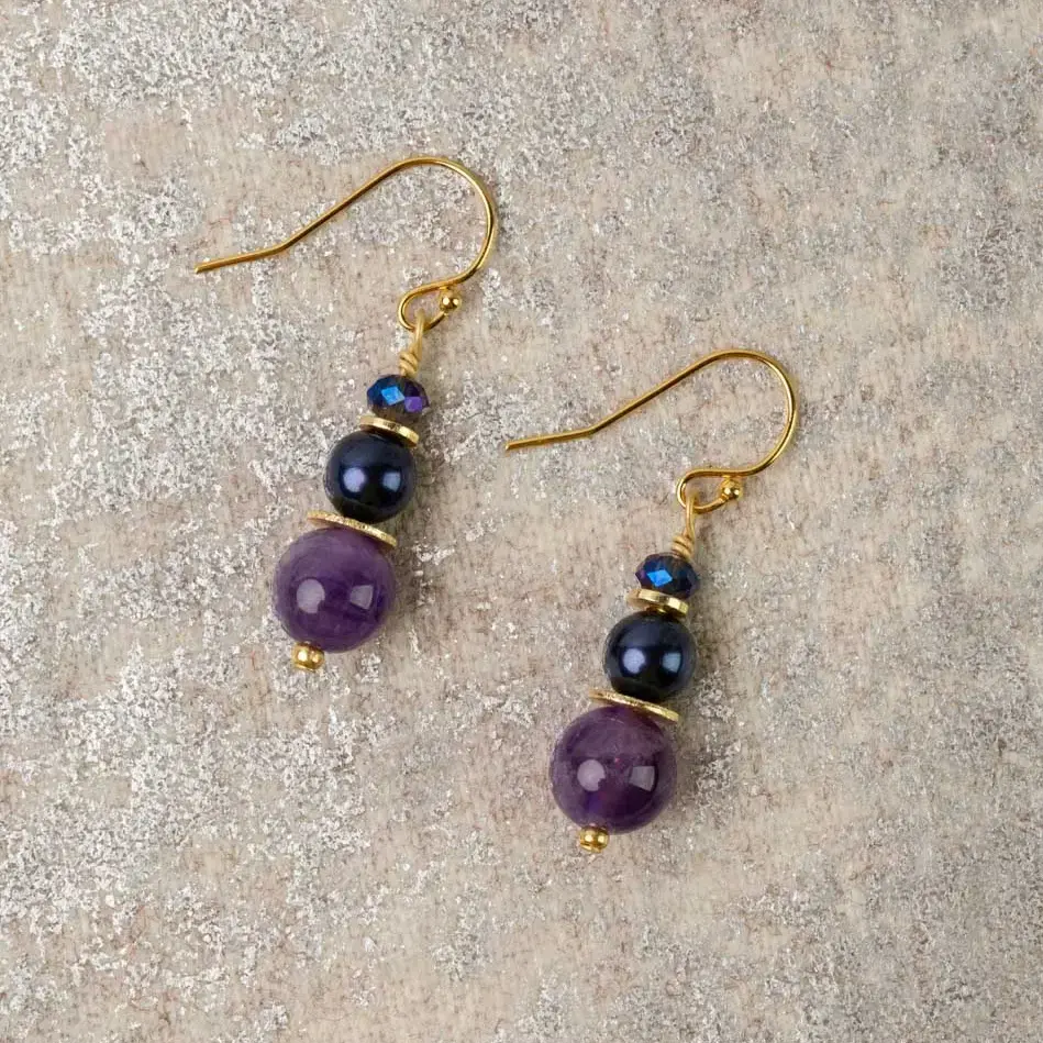 Midnight Simple Earrings Amethyst, Freshwater Pearl, Crystal
