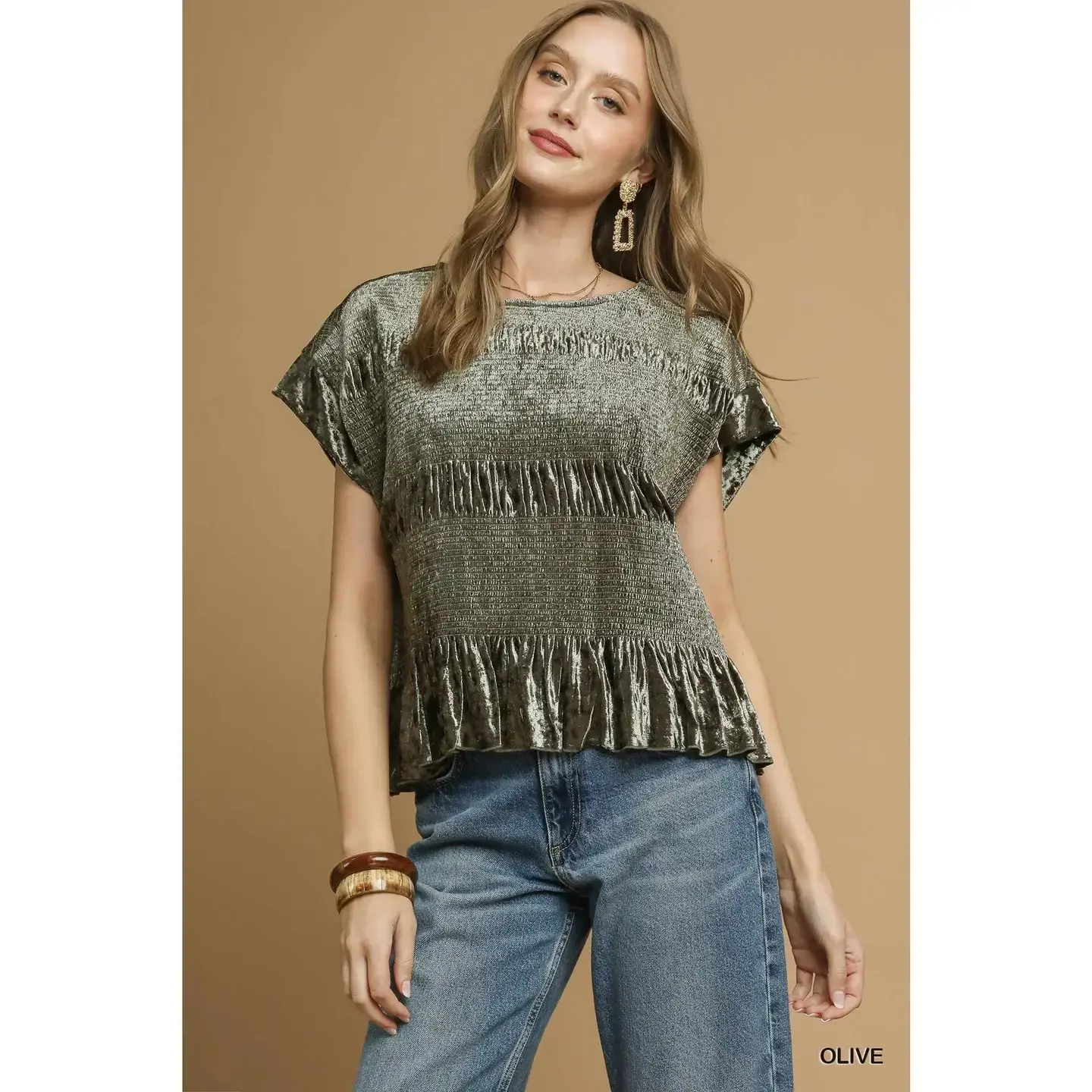 Velvet Ruffle Hem Smocked Blouse