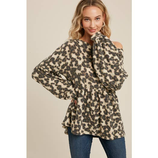 Brushed Knit Leopard Print Babydoll Top Taupe