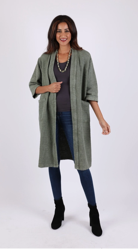 Sacred Threads - Olive Green Long Cardigan in Cotton - 225508