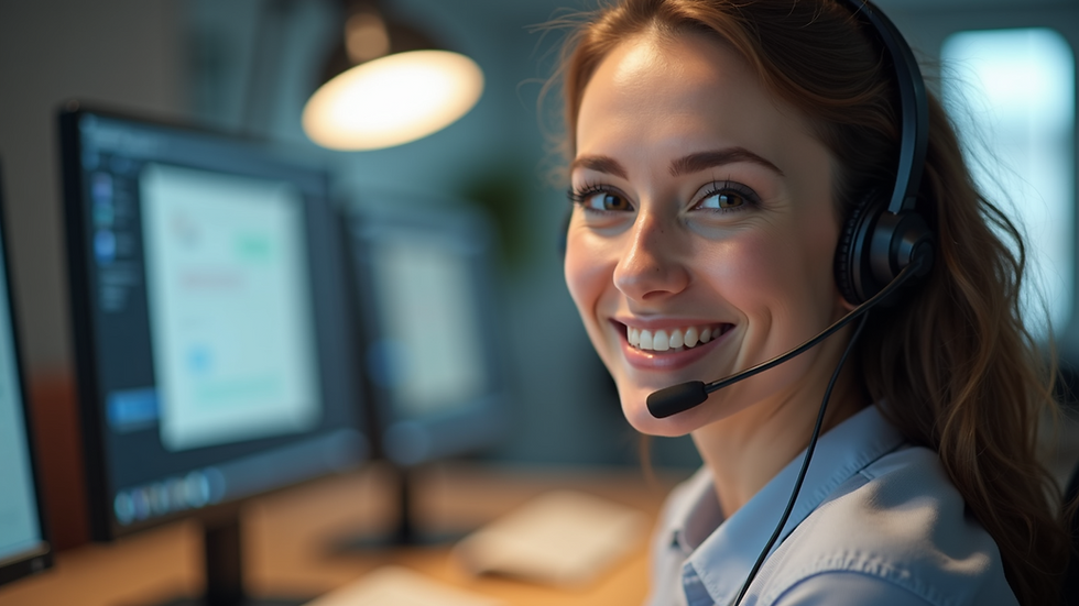 Eye-level view of a customer support representative's desk with headset