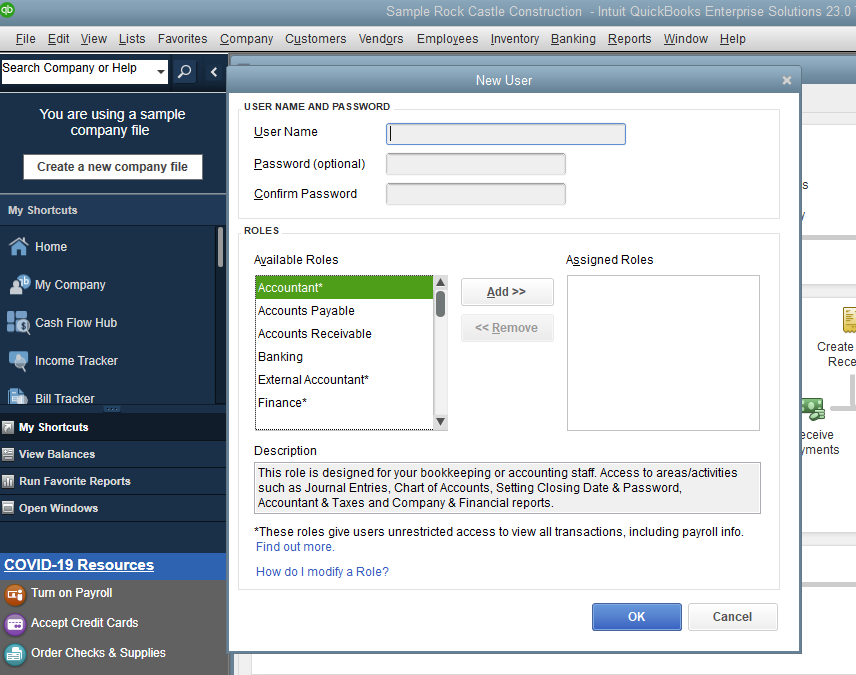 To create NEW QuickBooks USER Type the username and password.