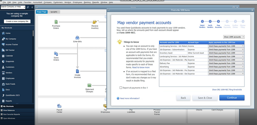 map the accounts you used as categories when paying your 1099 vendors from this screen